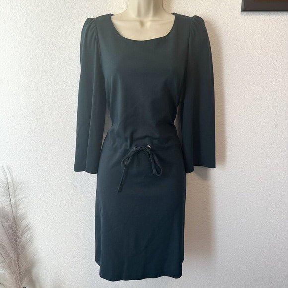 Massimo Dutti NWT S Forest Green Knee Length Dress 3/4 Sleeve Tie Waist Modest‎ - Picture 7 of 10